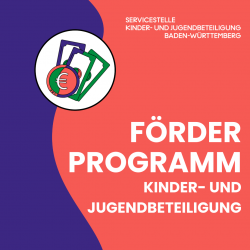Flyerbild mit Illustration Geldscheine und Euromünze. Text im Bild: Förderprogramm Kinder- und Jugendbeteiligung
