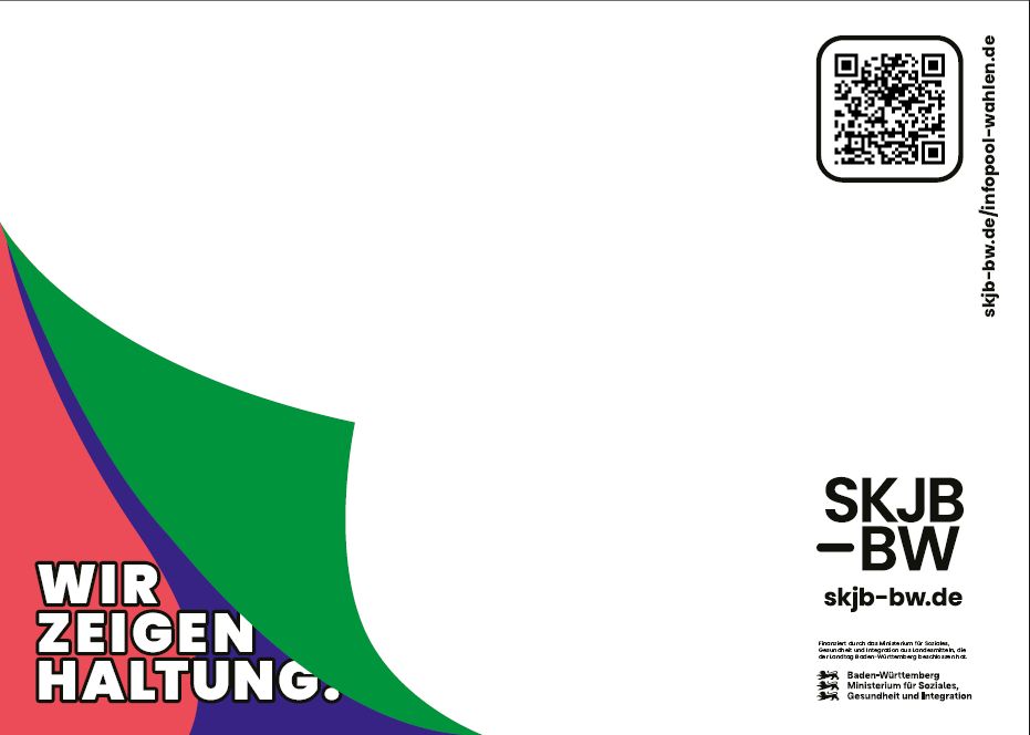 Die Rückseite der Postkarte ist weiß, nur die linke untere Ecke ist bunt. Darin steht: Wir zeigen Haltung.